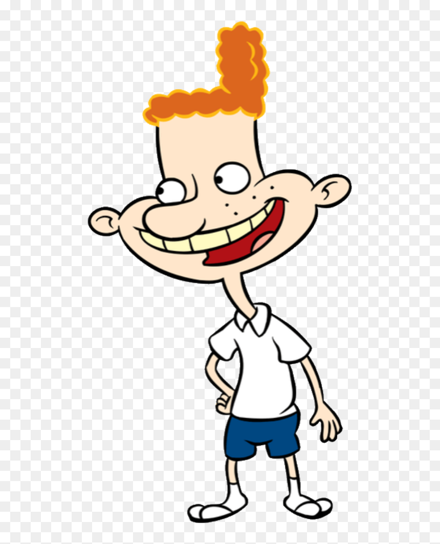 A cheerful cartoon boy with orange hair, wide grin, white shirt, and blue shorts standing confidently.