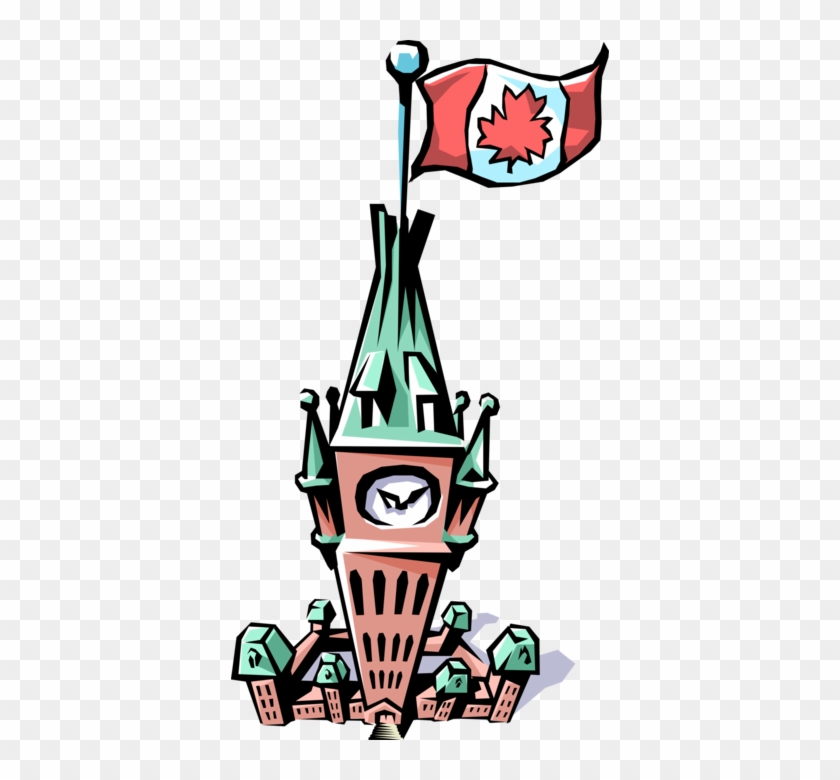 Stylized cartoon illustration of the Peace Tower in Ottawa with Canadian flag waving atop.