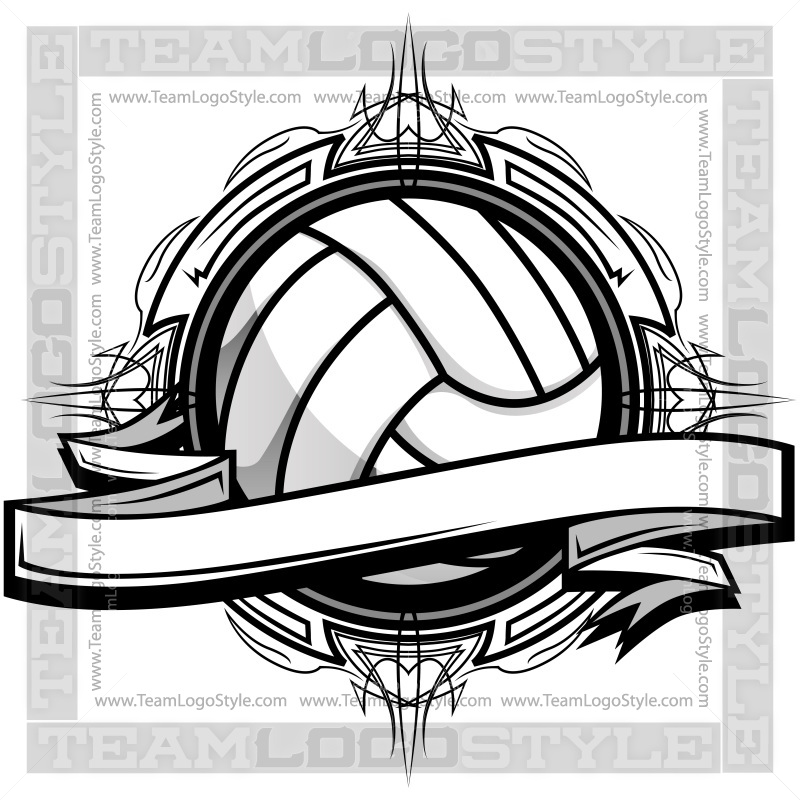 Black-and-white stylized volleyball logo with ornate tribal flourishes and banner, ideal for sports team branding.