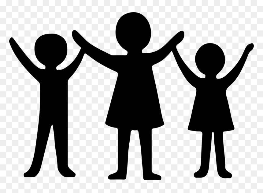 Silhouette of three children holding hands with raised arms, symbolizing unity and joy.