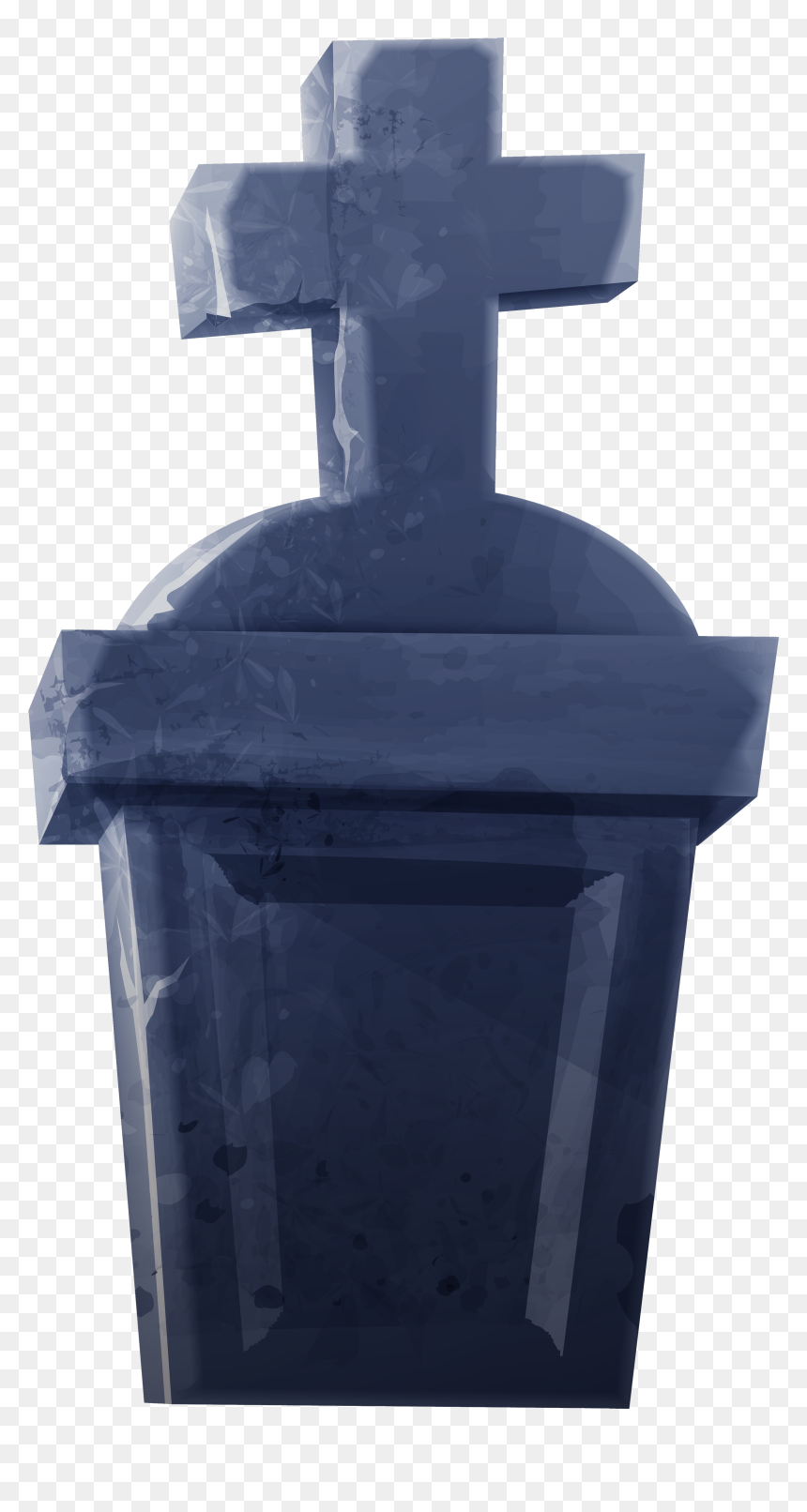 Blue translucent tombstone with cross, stylized low-poly design on transparent background.