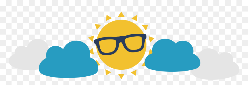 A cheerful yellow sun wearing black sunglasses, peeking between blue and gray clouds on a transparent background.