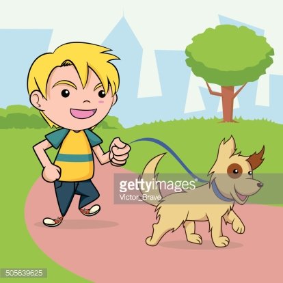 Happy boy with blond hair walks a small brown dog on a leash in a park.