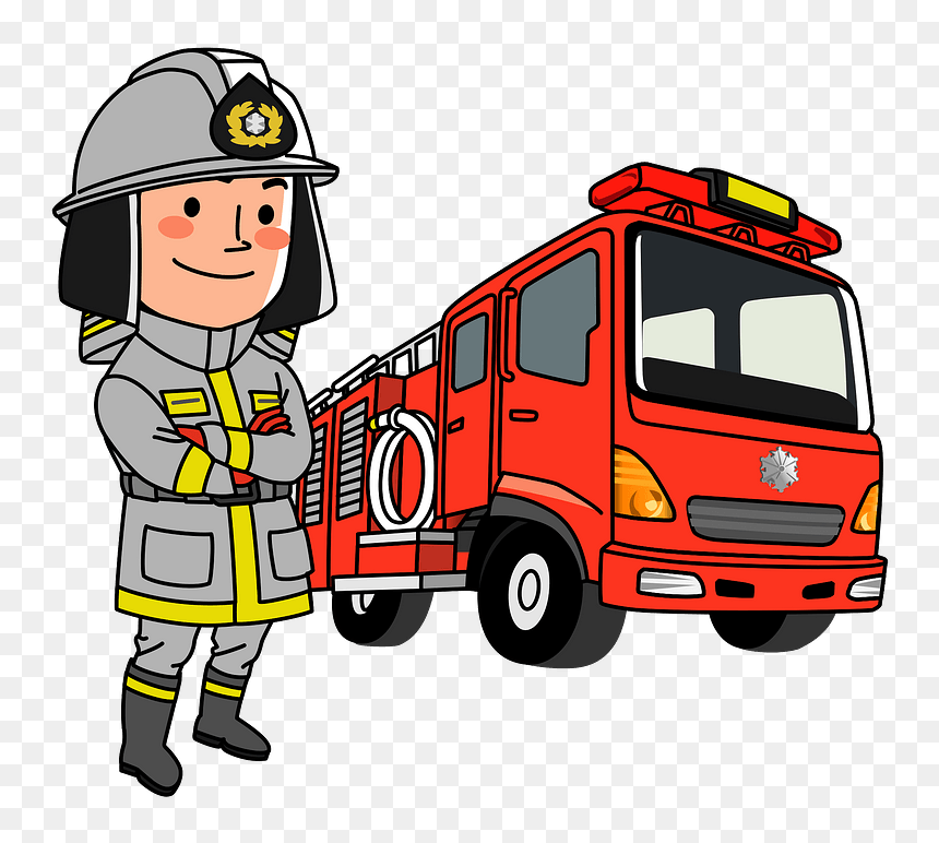 Smiling cartoon firefighter in uniform standing beside a red fire truck with ladder and hose.