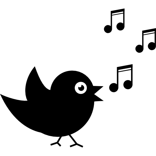 Black silhouette of a cheerful bird singing with musical notes floating from its beak.