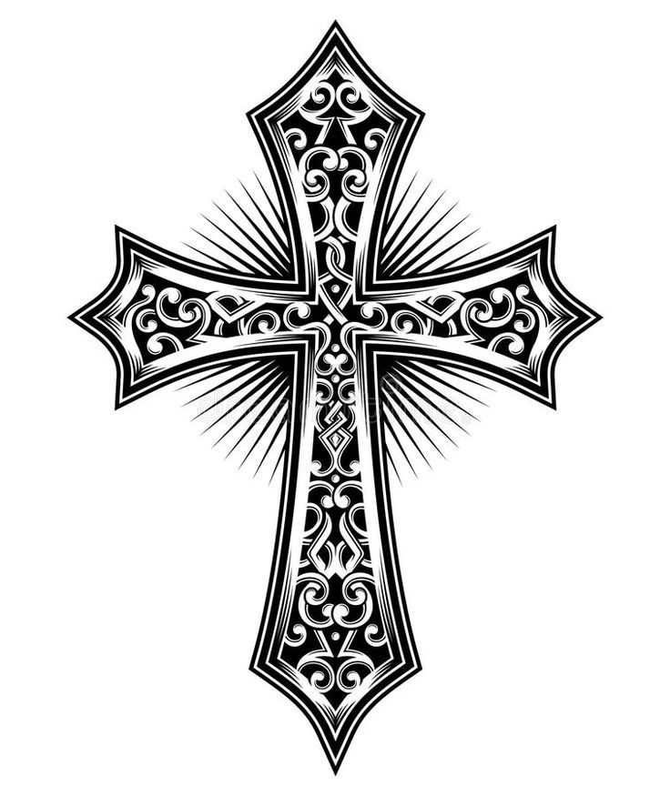 Ornate black-and-white Gothic-style Christian cross with intricate scrollwork and radiant sunburst lines.