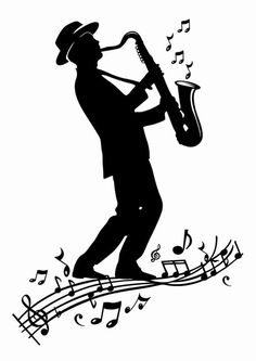 Silhouette of a jazz musician in fedora playing saxophone with musical notes flowing around him.