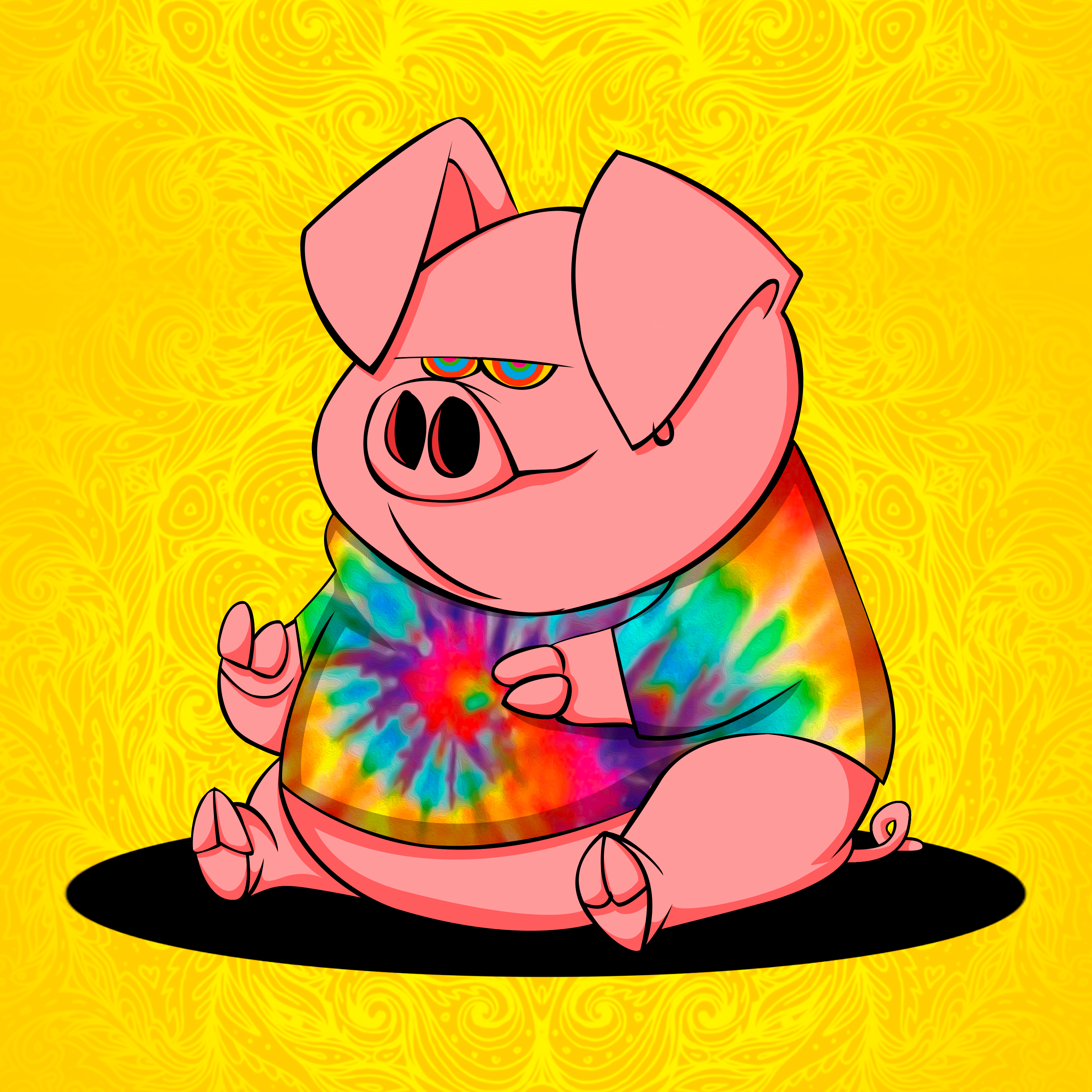 Psychedelic Pig Meditation Art - Vibrant Tie-Dye Cartoon Illustration