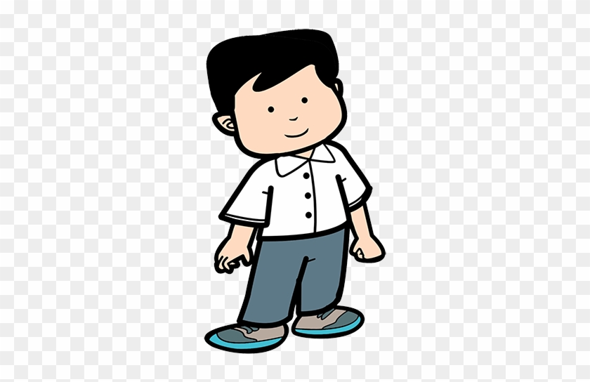 Cartoon boy with black hair, white shirt, blue pants, and blue shoes standing smiling.