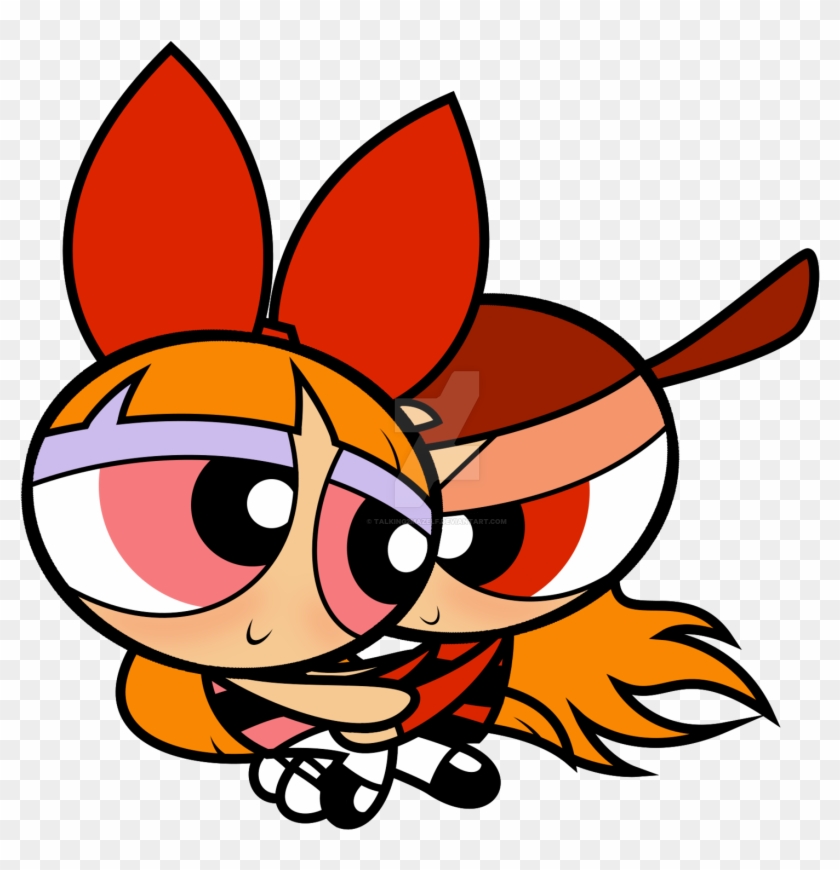 Blossom and Bubbles from The Powerpuff Girls in dynamic flying pose with red bows and expressive eyes.