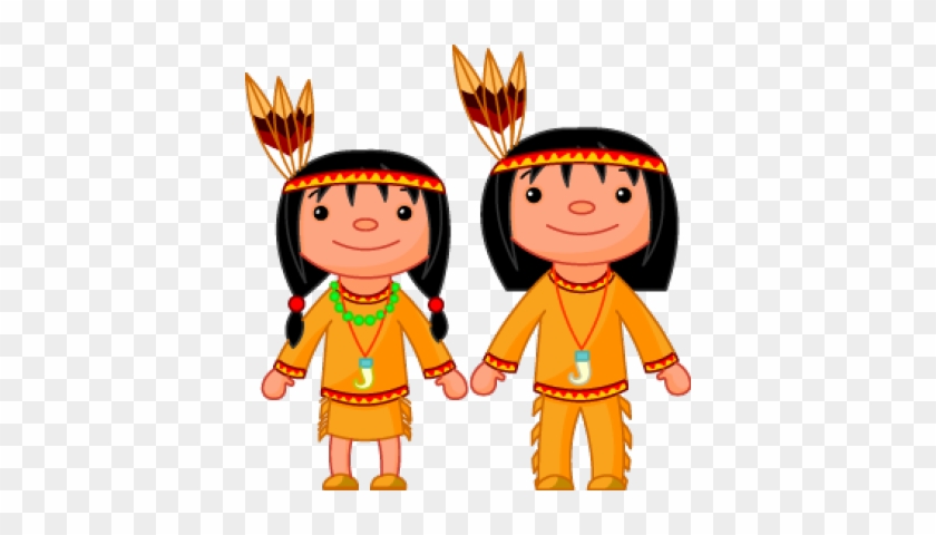 Two smiling cartoon children in traditional Indigenous American attire with feather headdresses and beaded necklaces, holding hands.