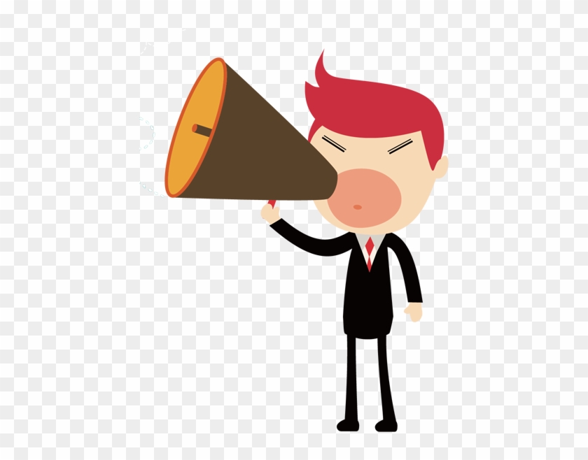Businessman with red hair shouting into a megaphone, cartoon style on transparent background.