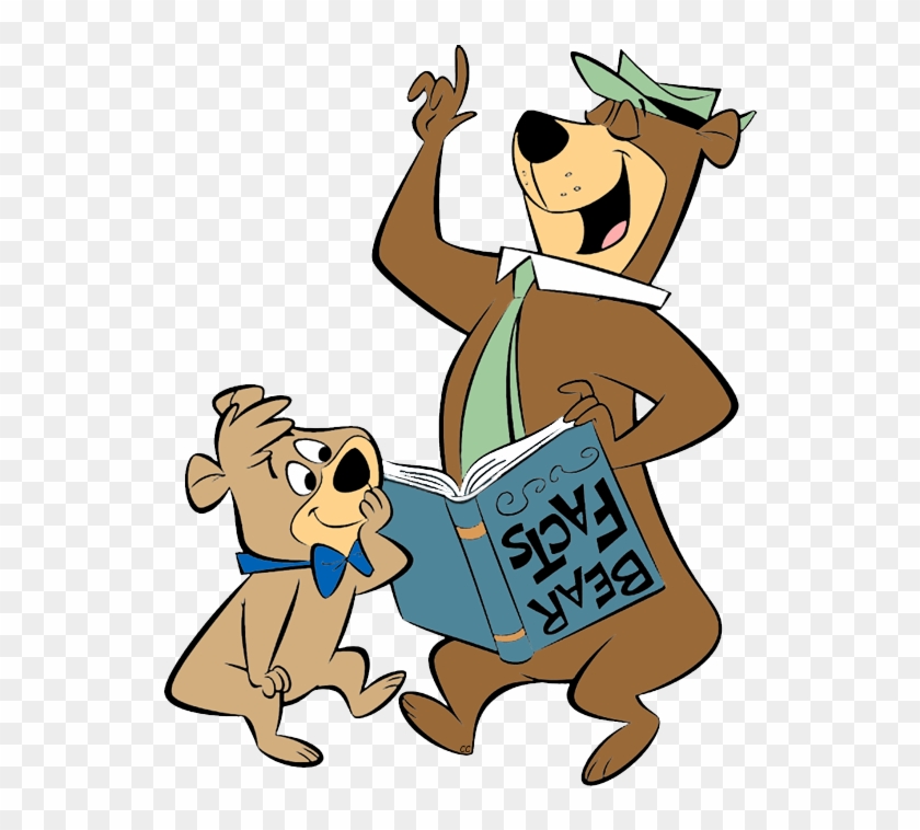 Yogi Bear and Boo-Boo reading a book titled "Bear Facts," with Yogi pointing excitedly and Boo-Boo looking curious.
