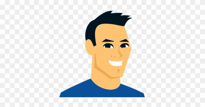Smiling cartoon man with short black hair, wearing a blue shirt, on transparent background.