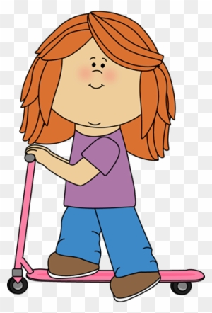 Cartoon girl with red hair riding a pink scooter, wearing purple shirt and blue jeans.