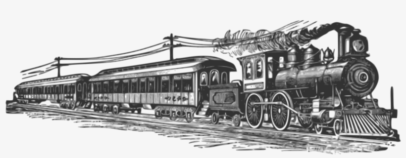 Vintage steam locomotive pulling passenger cars on railway tracks with overhead wires and billowing smoke.