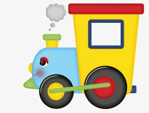 Colorful cartoon train with blue engine, yellow caboose, red roof, and smiling face emitting gray smoke.