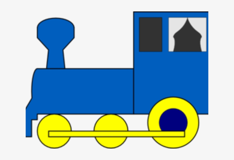 Blue cartoon-style steam locomotive with yellow wheels and a black window silhouette.