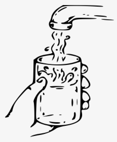 A hand holds a glass under a running faucet as water fills it, illustrated in simple black-and-white line art.