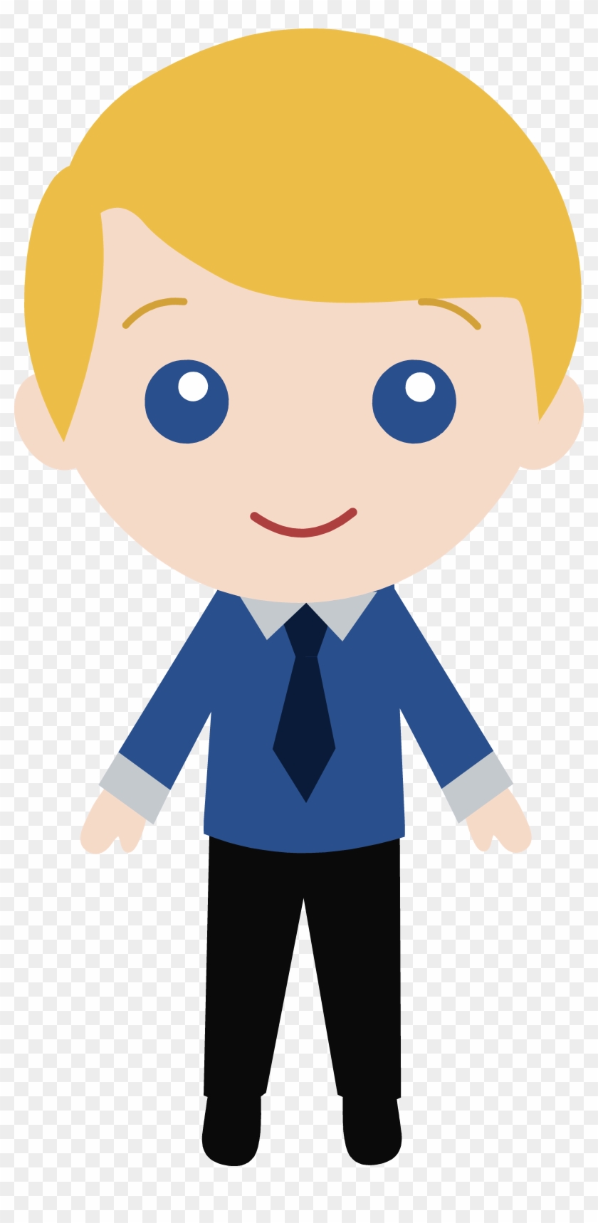 Smiling cartoon boy with blond hair, blue eyes, wearing a blue shirt, dark tie, and black pants.