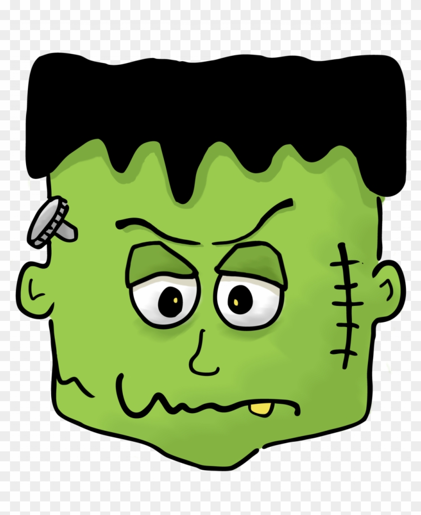 Cartoon green Frankenstein monster face with black hair, bolt on neck, stitched cheek, and grumpy expression.
