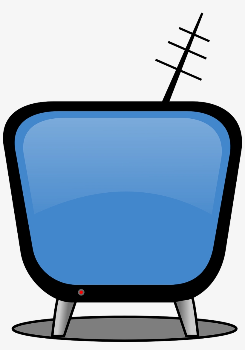 Retro-style television with blue screen, black casing, antenna, and red power indicator light.