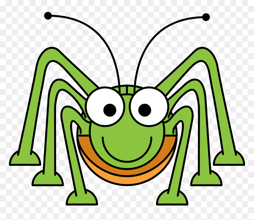 Friendly cartoon green grasshopper with big eyes, smiling face, and six legs on transparent background.
