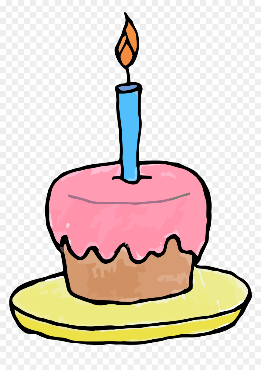 Pink-frosted birthday cupcake with one blue candle and flame, on a yellow plate.