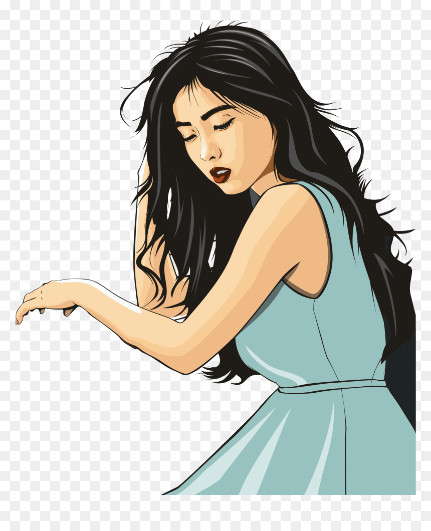 Illustrated woman with long black hair in a light blue dress, eyes closed, gently gesturing with her hand.