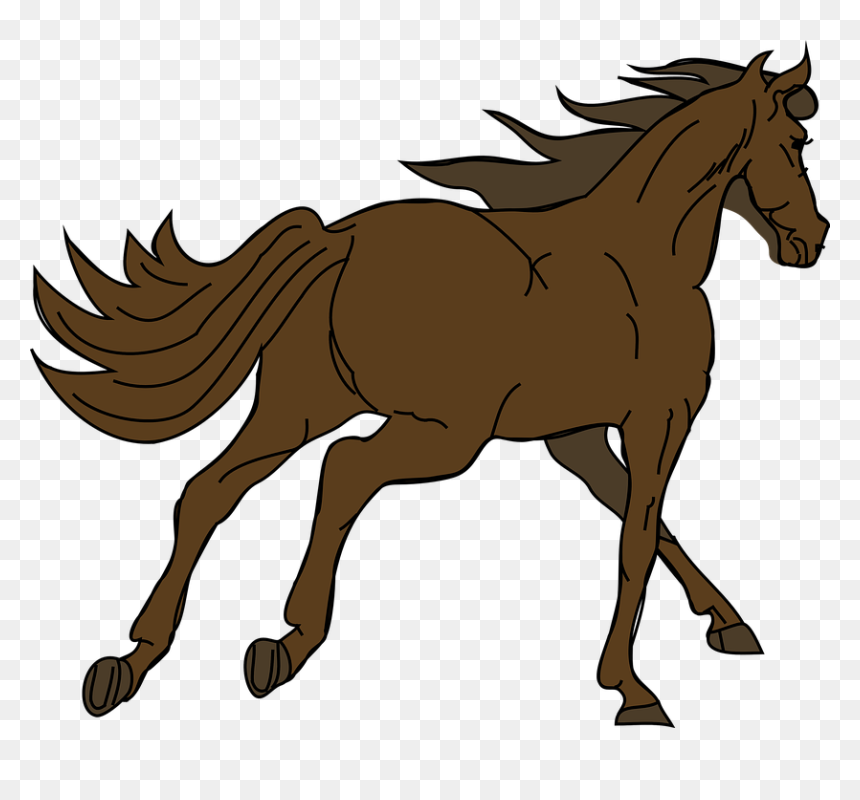 Brown horse galloping with flowing mane and tail, illustrated in cartoon style on transparent background.