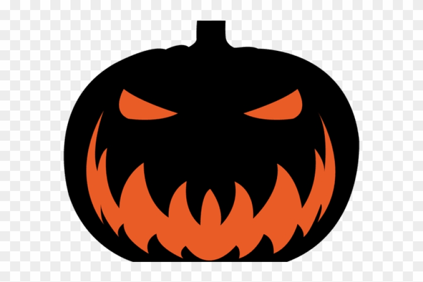 Black jack-o'-lantern with glowing orange eyes and jagged grin on transparent background.