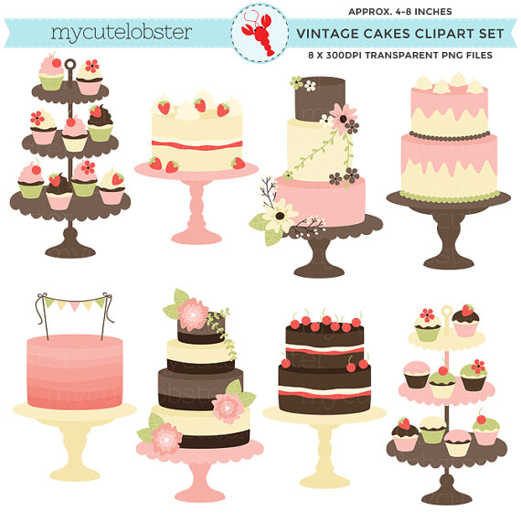 Vintage-style cake and cupcake clipart set with floral decorations, tiered stands, and pastel colors.