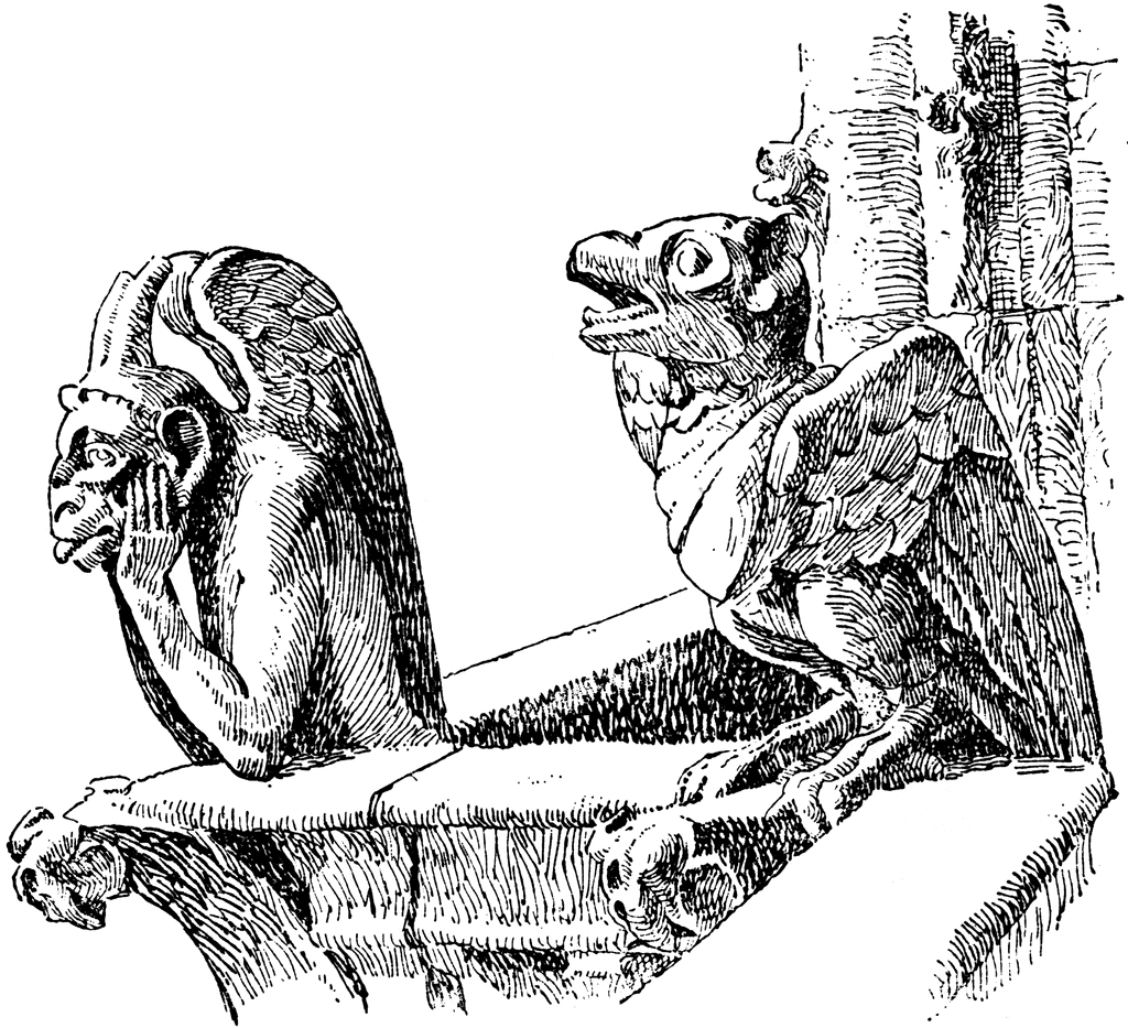 Two Gothic grotesques-a contemplative monkey and a snarling bird-like chimera-perched on a stone ledge, intricately carved in fine line work.
