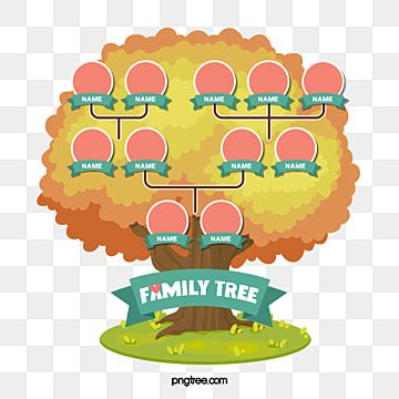 Colorful cartoon family tree diagram with placeholder names on autumn-themed tree branches.