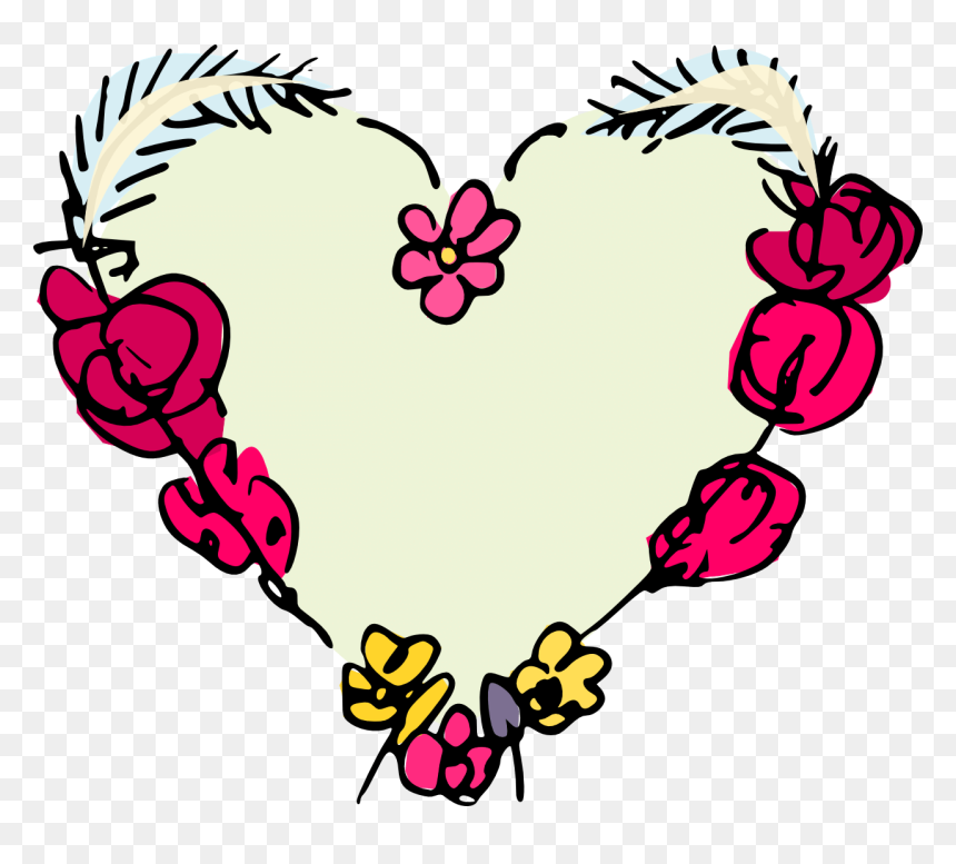 Hand-drawn heart-shaped floral wreath with pink, yellow, and purple flowers and feather accents on transparent background.