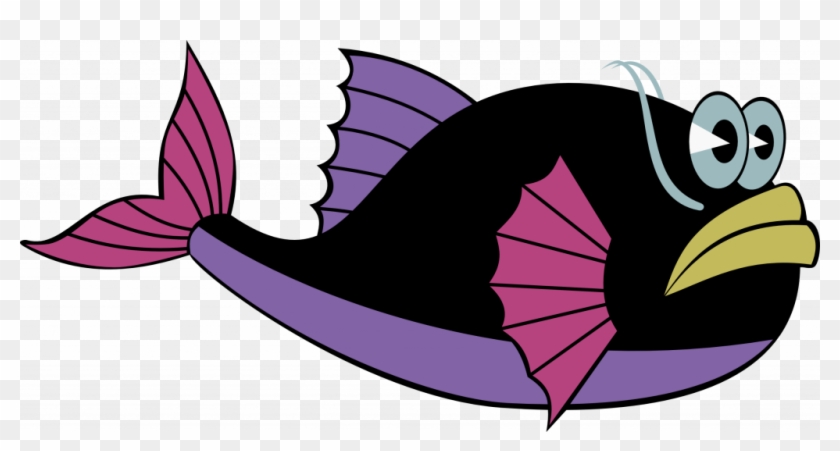 Cartoon black fish with purple and pink fins, large eyes, and yellow mouth on transparent background.