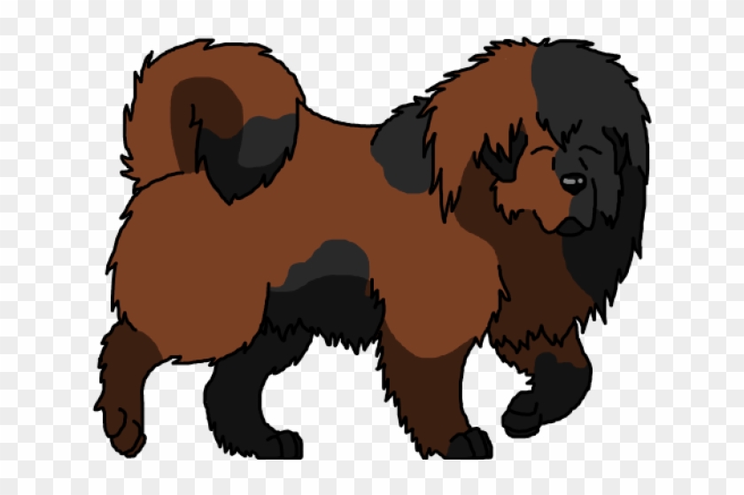 A cartoon-style Tibetan Mastiff with thick brown and black fur, standing in profile against a transparent background.