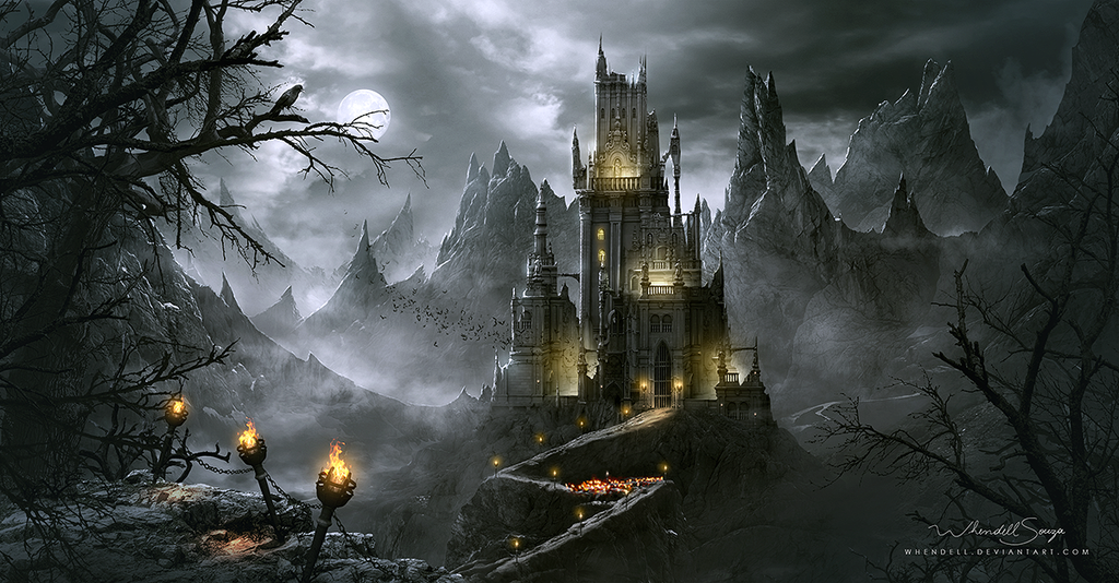Dark Fantasy Castle Art - Gothic Fortress in Moonlit Mountains