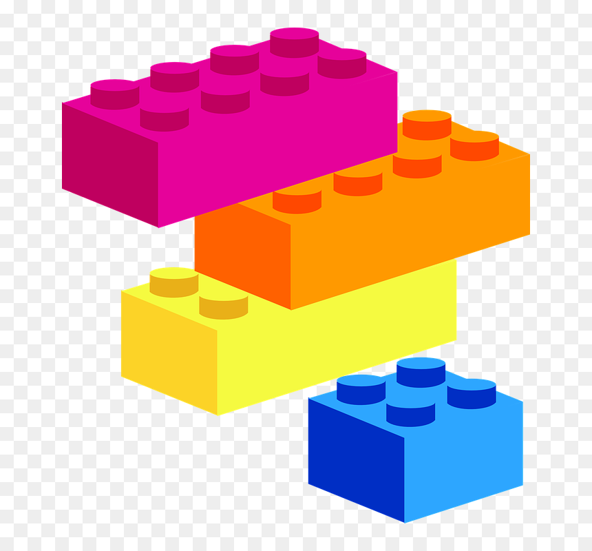 Four colorful LEGO bricks stacked in a staggered tower-magenta, orange, yellow, and blue-on a transparent background.