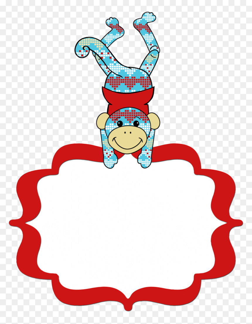 Cheerful sock monkey doing a handstand above a red decorative frame with blank space for text.