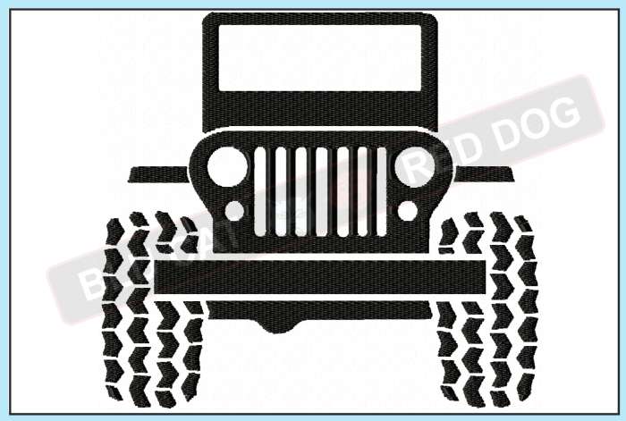 Black silhouette of a classic Jeep front view with rugged tires and seven-slot grille.