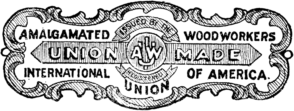 Vintage logo of the Amalgamated Woodworkers International Union of America, featuring ornate scrollwork and "AW" monogram.