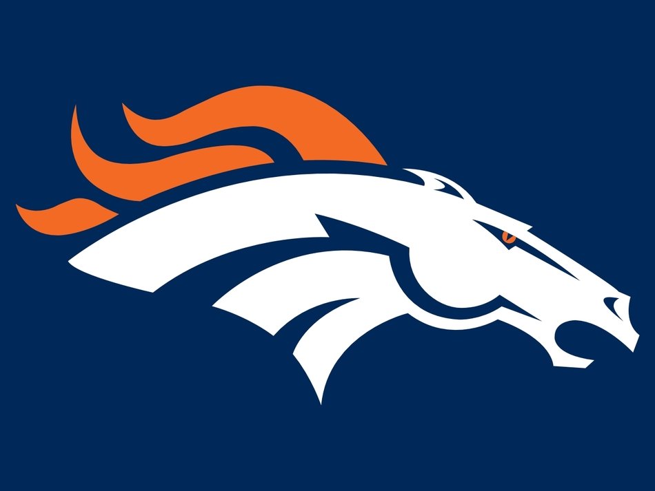 Denver Broncos logo featuring a white horse head with orange mane on navy blue background.