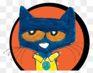 Pete the Cat, a blue cartoon cat with orange eyes, wearing a yellow shirt and smiling against an orange circular background.