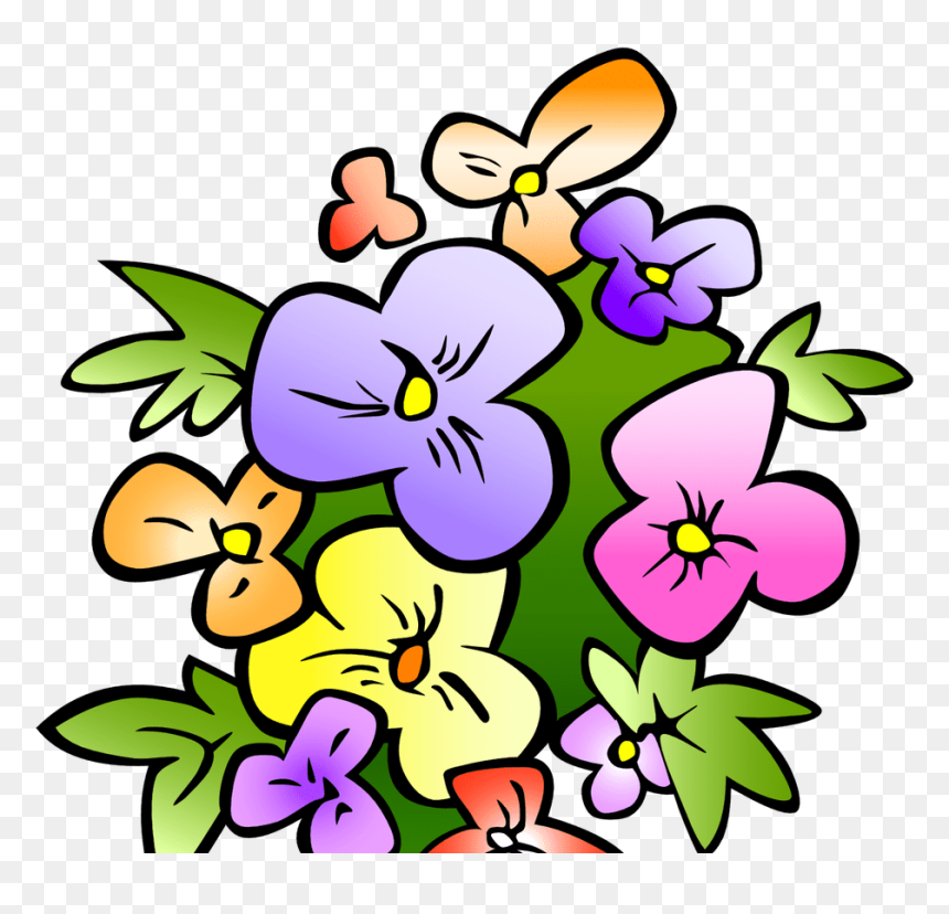 Colorful cartoon-style pansy bouquet with purple, pink, yellow, and orange flowers and green leaves on transparent background.