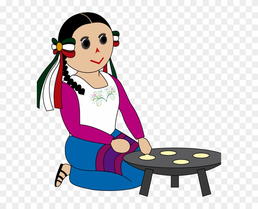 A cartoon girl in traditional Mexican attire kneels beside a comal with tortillas.
