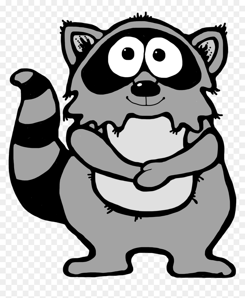 Friendly cartoon raccoon with big eyes, striped tail, and arms crossed, smiling warmly.