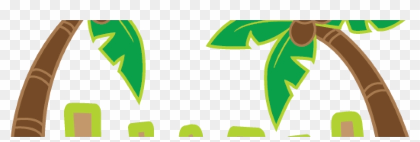 Cartoon-style palm trees with green fronds and brown trunks, plus small huts on a transparent background.