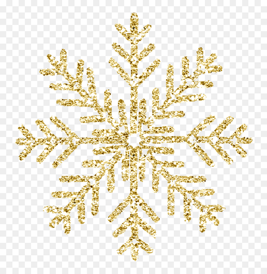Glittering gold snowflake with six symmetrical arms and sparkling texture on transparent background.