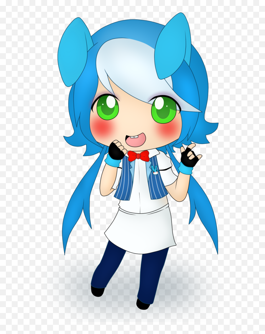 Chibi-style anime girl with blue hair, green eyes, cat ears, red bowtie, and white apron posing cheerfully.